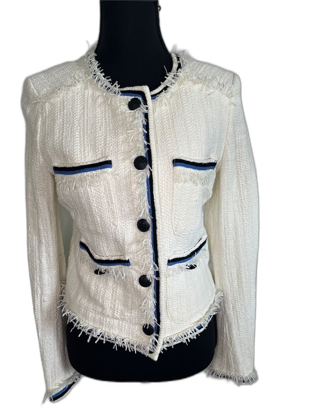 Veronica Beard Eclipse Frayed Lady Jacket Ivory Off White Blue Black 2 Preppy